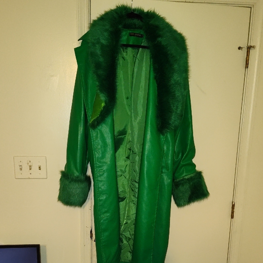 Green Faux Fur Trimmed Women's Coat